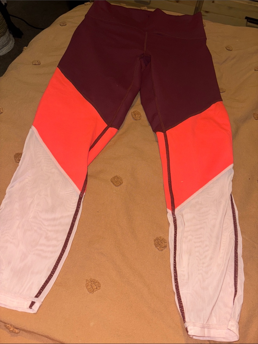 Fabletics womens Colorblock Leggings - Burgundy, Coral & light pink mesh
